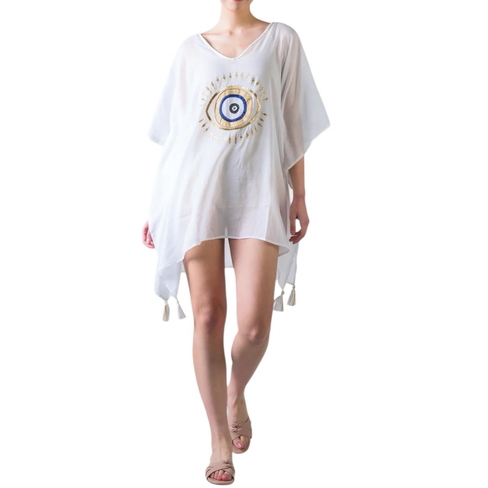 White Embroidered Evil Eye Tunic with Tassel Trim